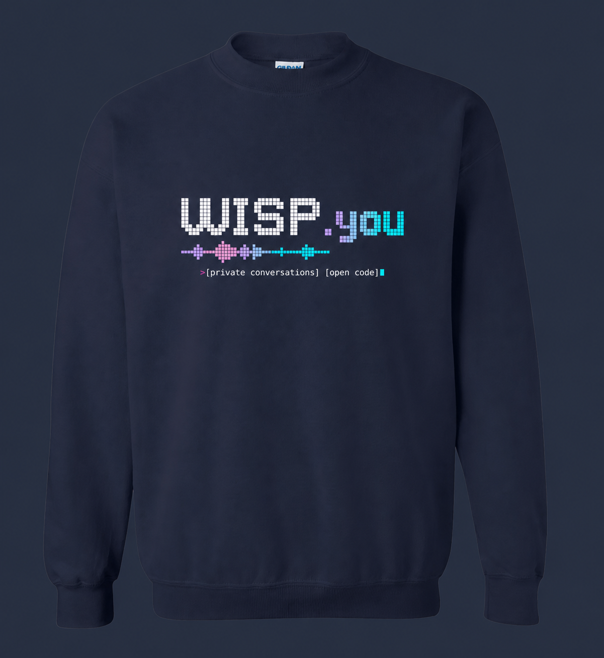 Navy Wisp crewneck sweater preview on a dark slate background, with the pixel WISP.you logo, colorful waveform, and private conversations open code slogan